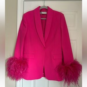 Zara Hot Pink Blazer with Feather Cuffs & Pants